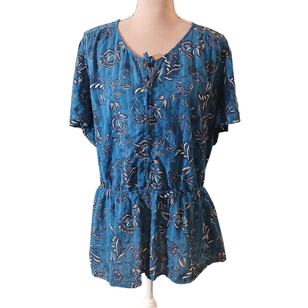 Lane Bryant Teal Blue Floral Print Tie Neck Peplum Tunic Top Plus Size 30/32